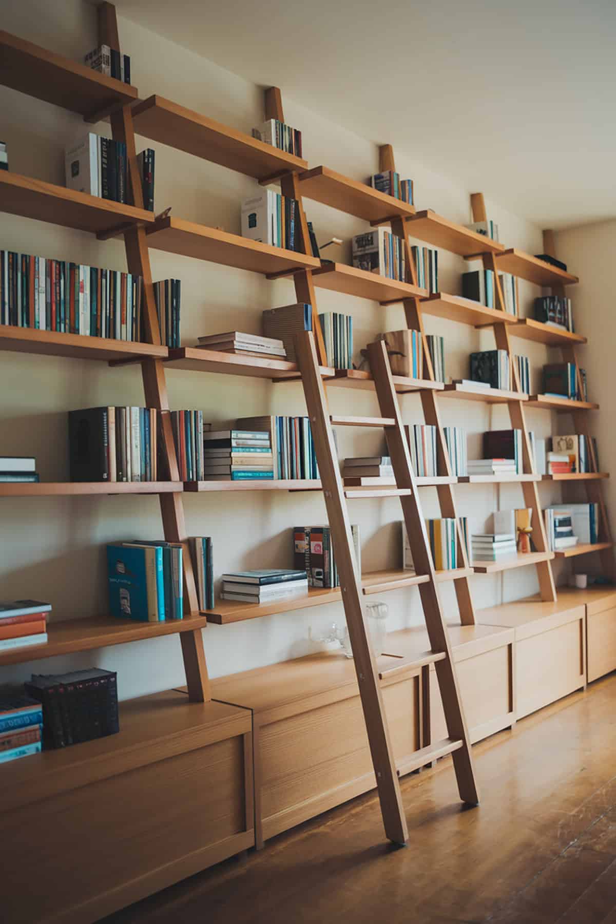 Bookshelves with Ladder Like Shelving