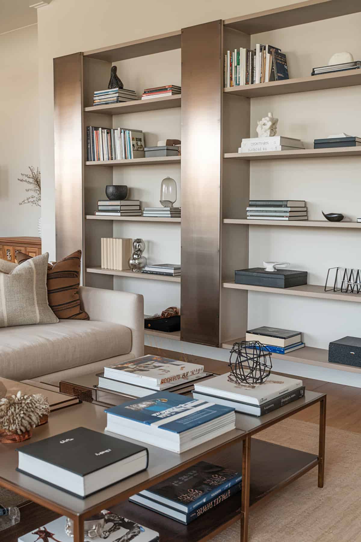 Bookshelves with Metallic Accents