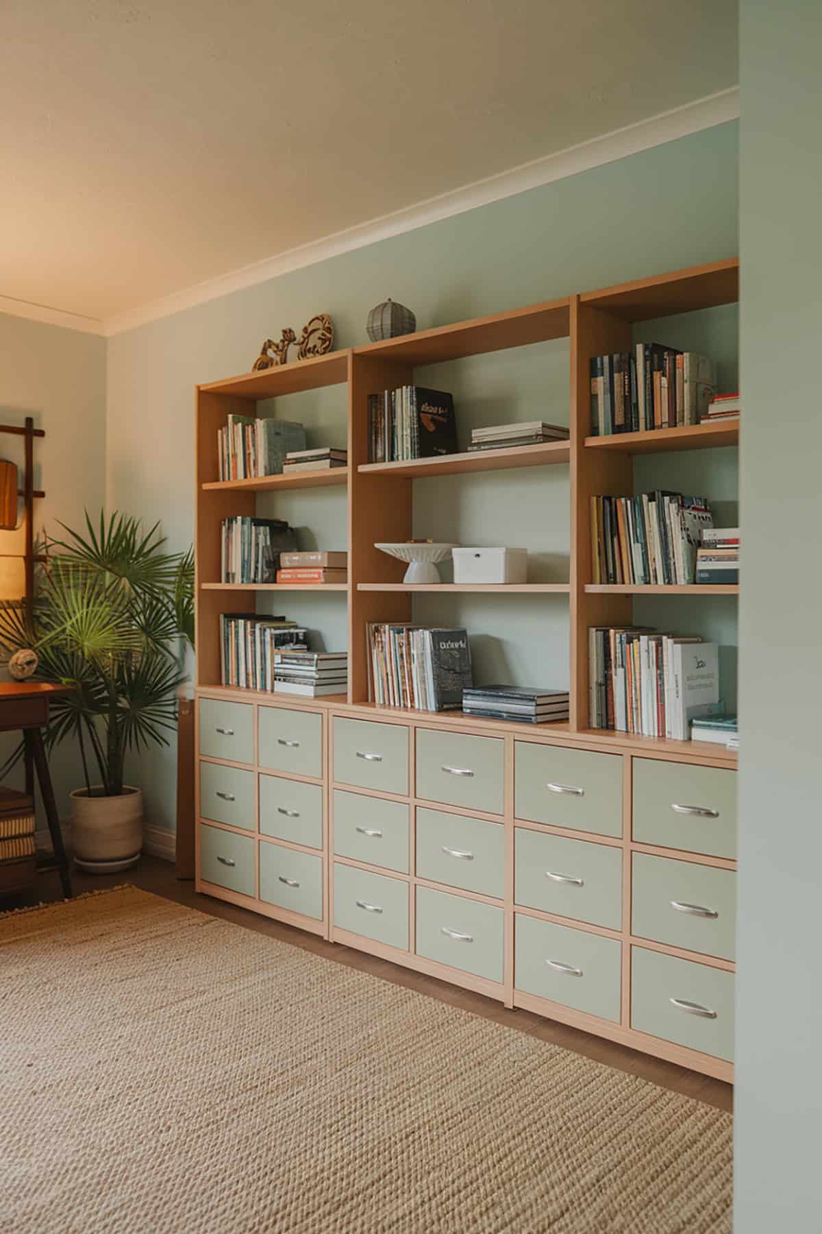 Bookshelves with Seafoam Green Drawers