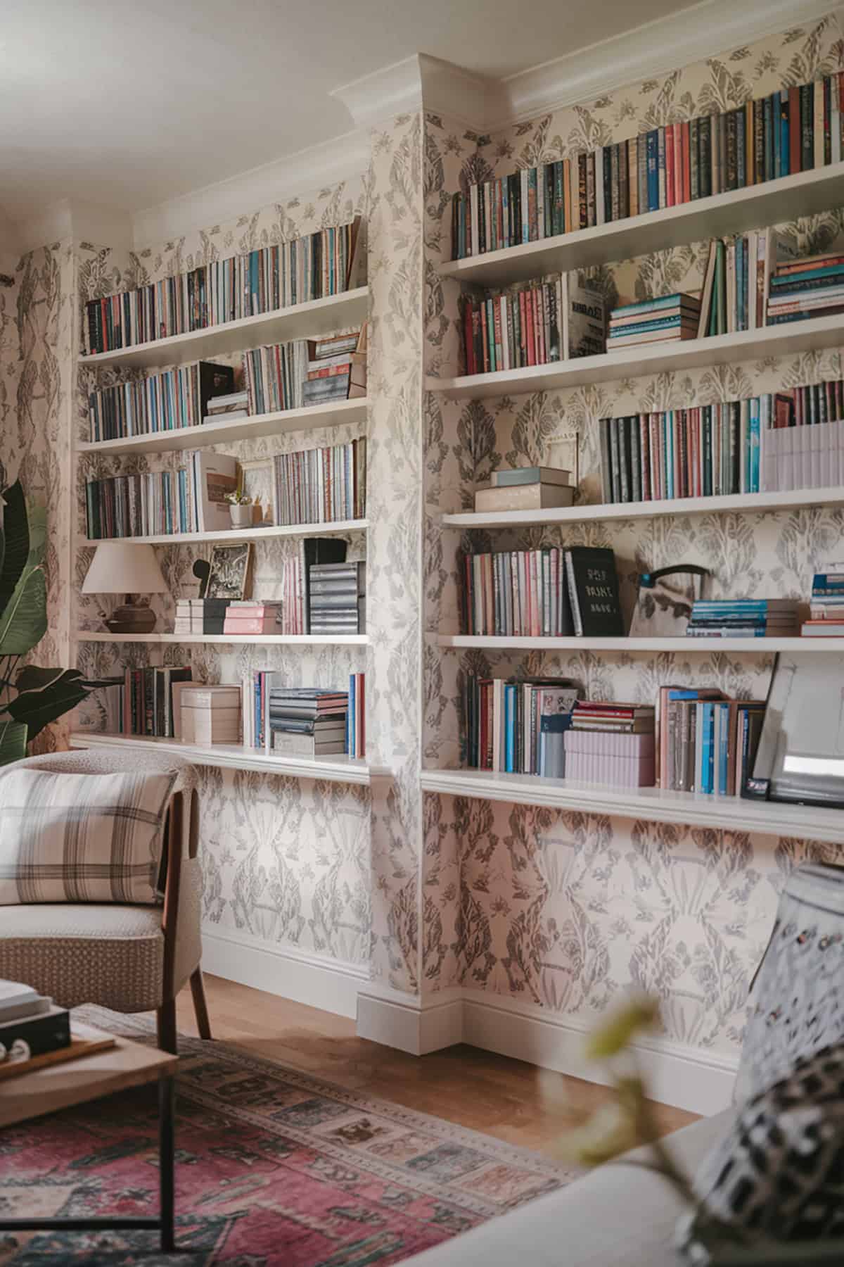 Bookshelves with Wallpaper Backing