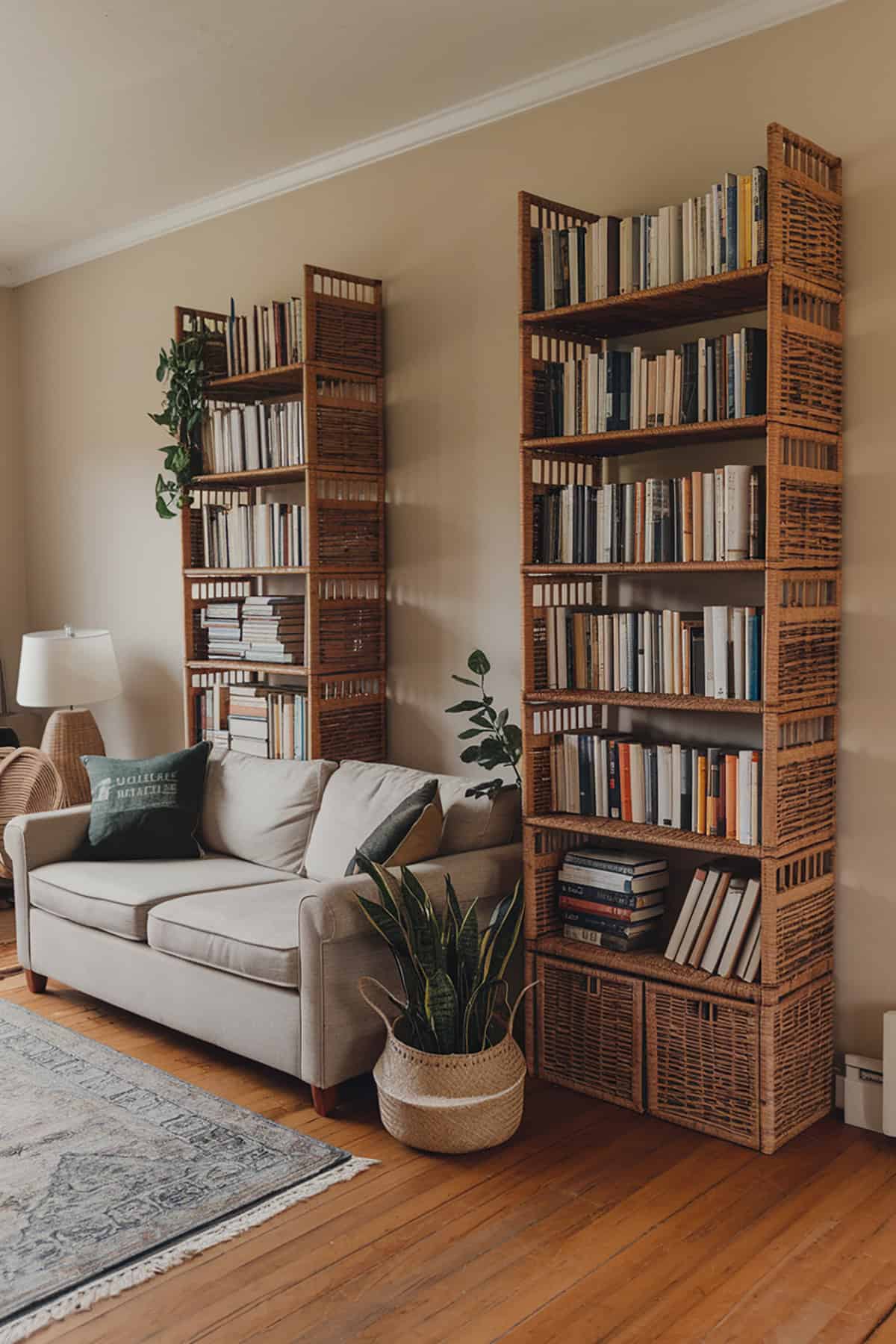 Bookshelves with Wicker Baskets