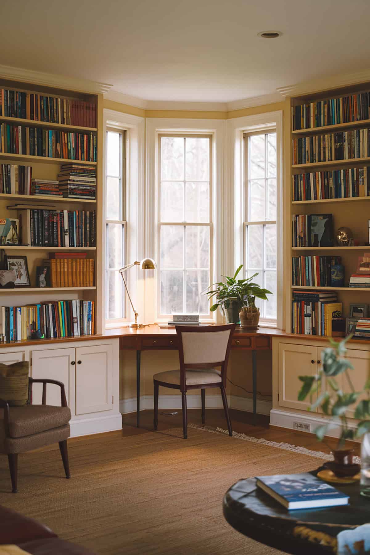 Built In Bookshelves Around A Bay Window