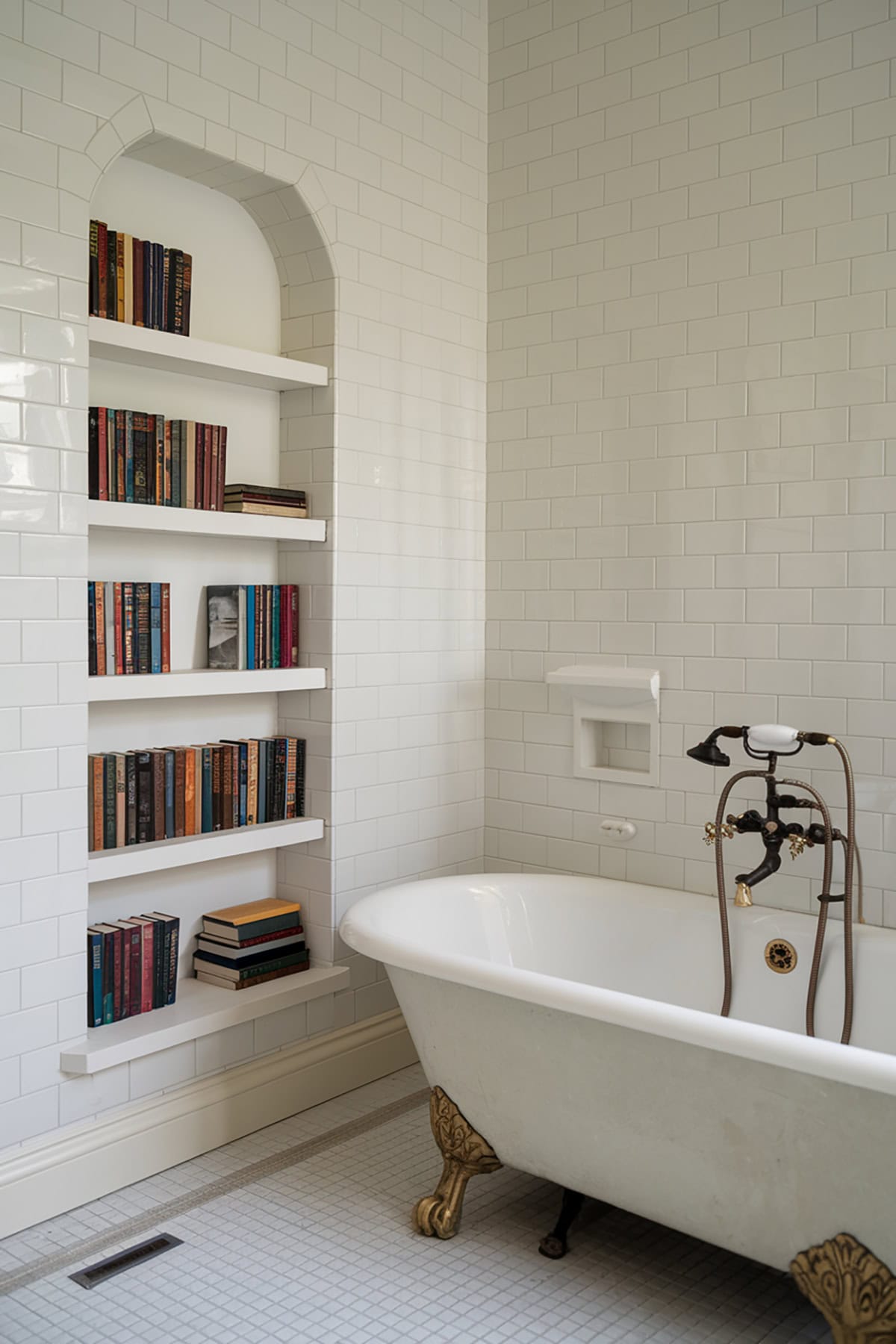 Built In Bookshelves In A Bathroom Niche