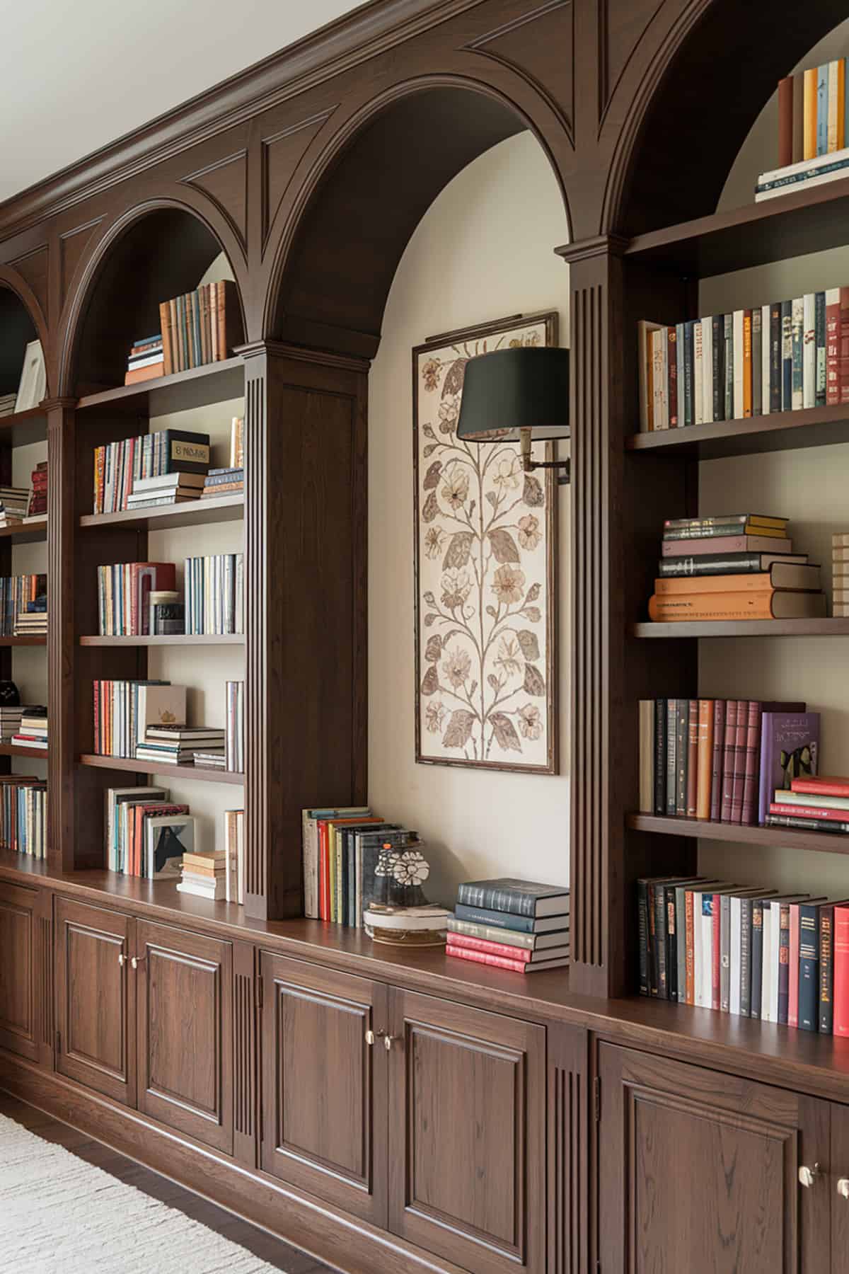 Built In Bookshelves With Arched Details