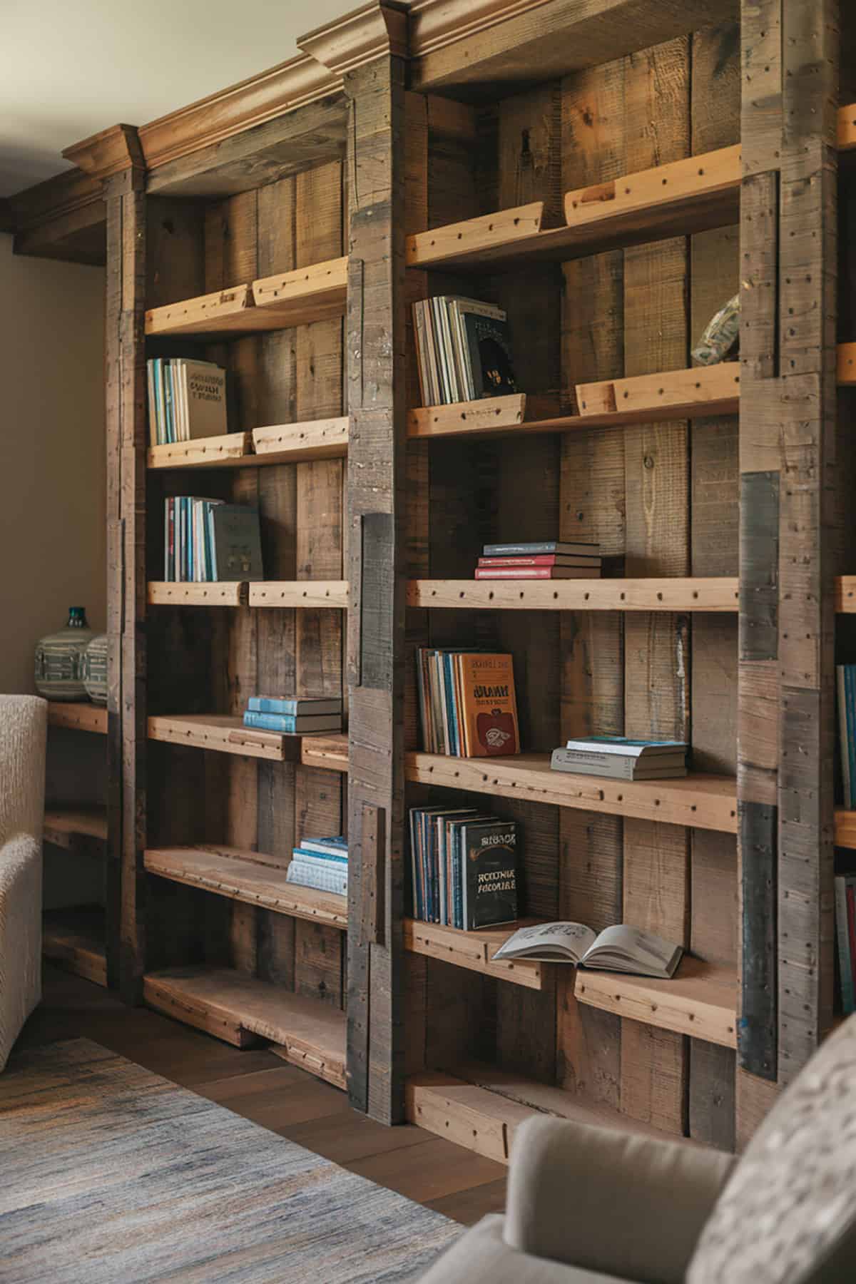 Built In Bookshelves With Reclaimed Wood