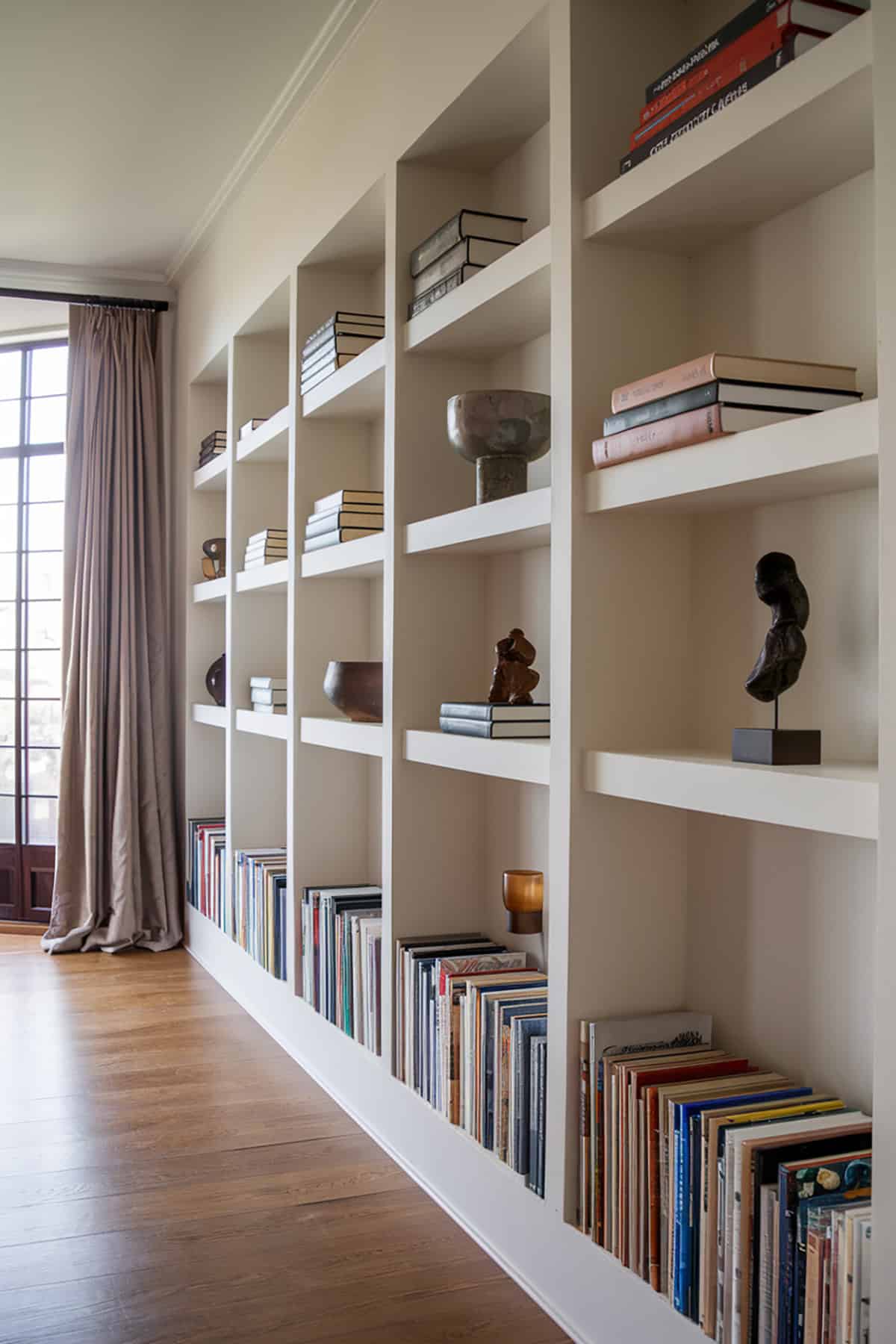 Built In Bookshelves With Sculptural Elements