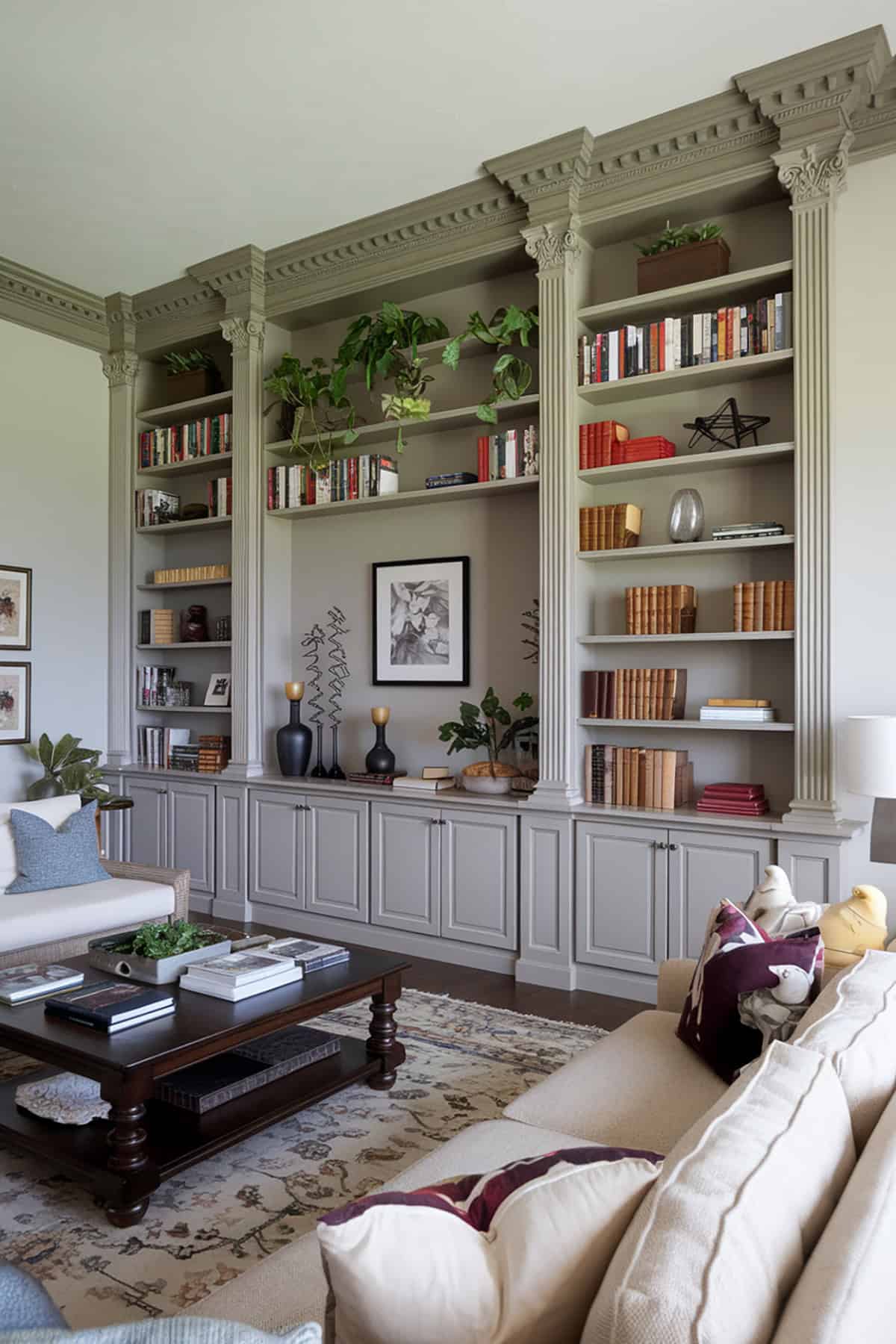 Built in bookshelves with crown molding