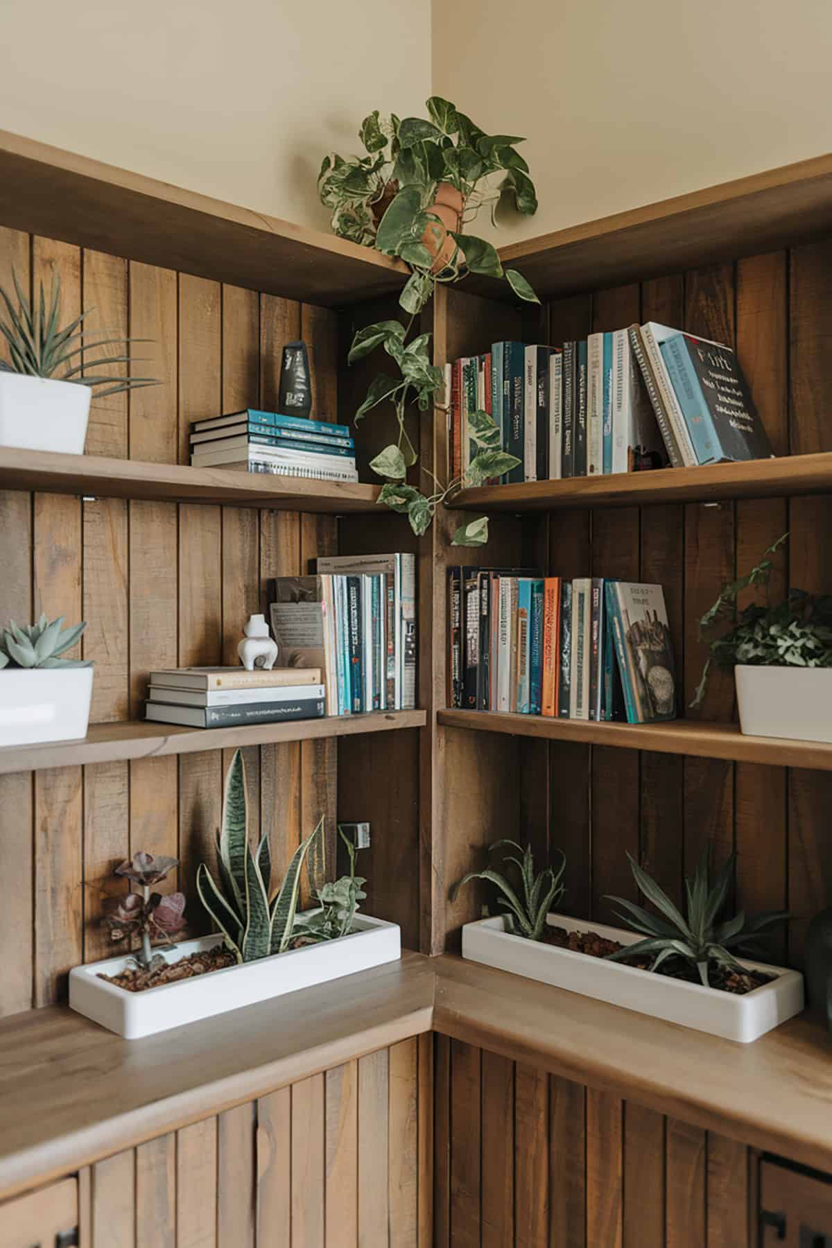 Corner Bookshelf with Built In Planters