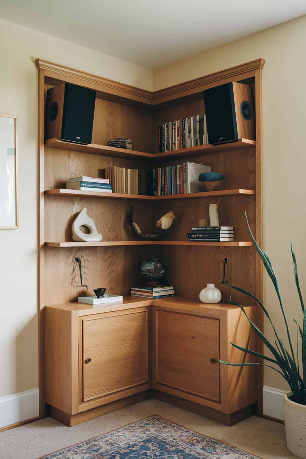 Corner Bookshelf with Built In Speaker Mounts