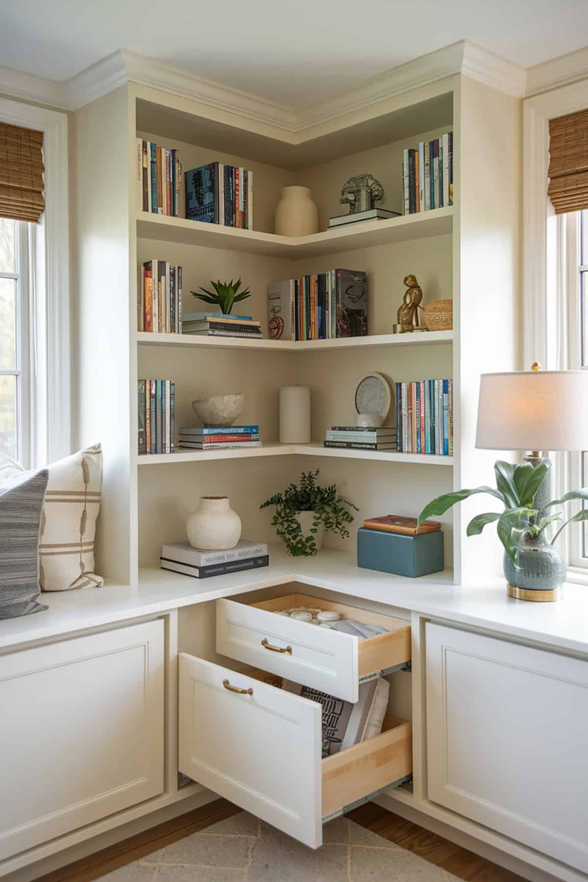 Corner Bookshelf with Hidden Storage