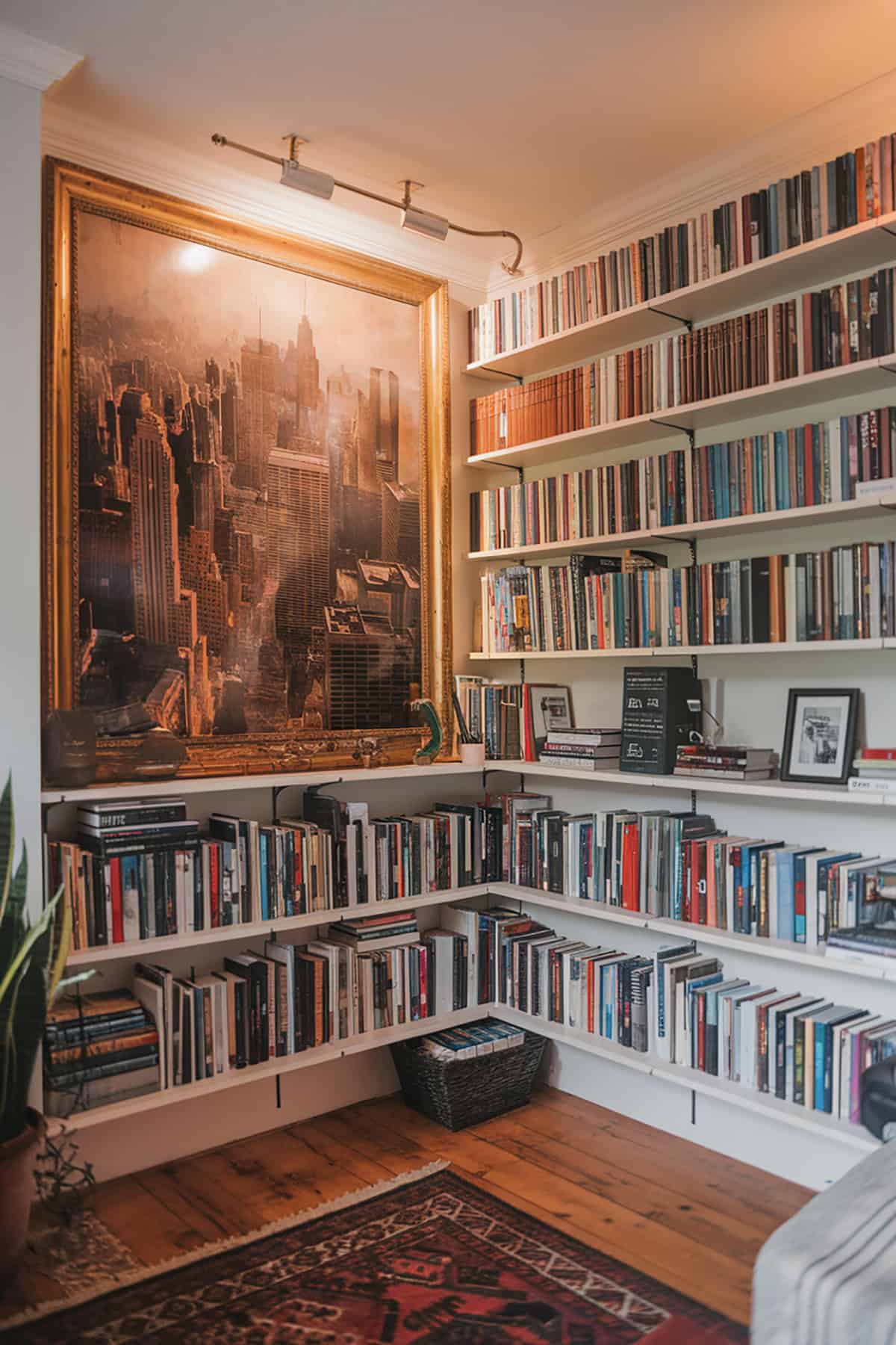 Corner Bookshelves with Artwork Display