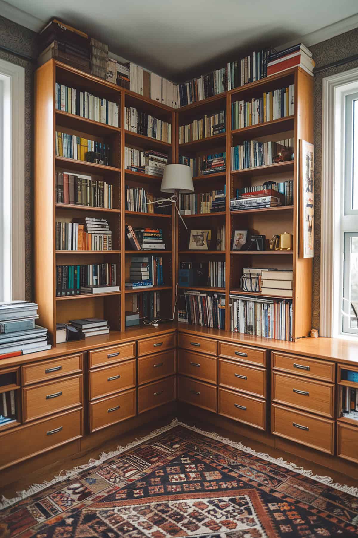 Corner Bookshelves with Drawers