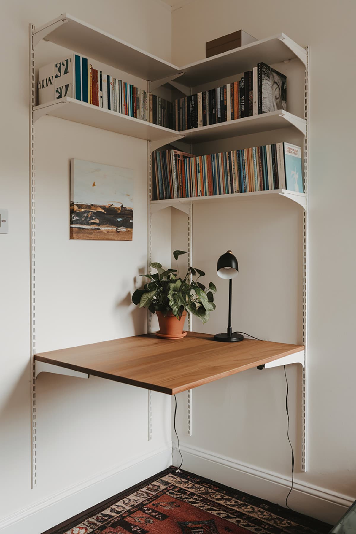 Corner Bookshelves with Floating Desk Extension