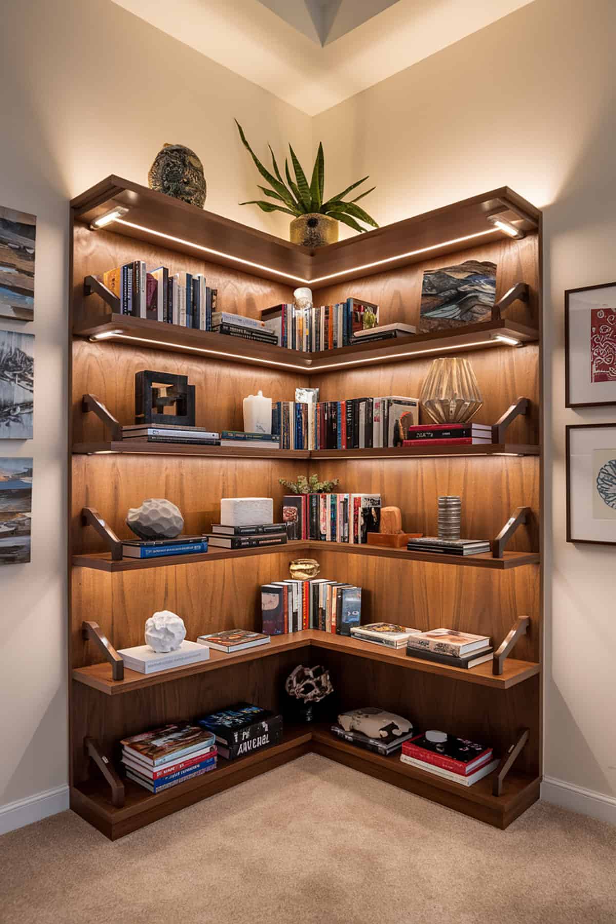 Corner Shelves with Integrated Lighting