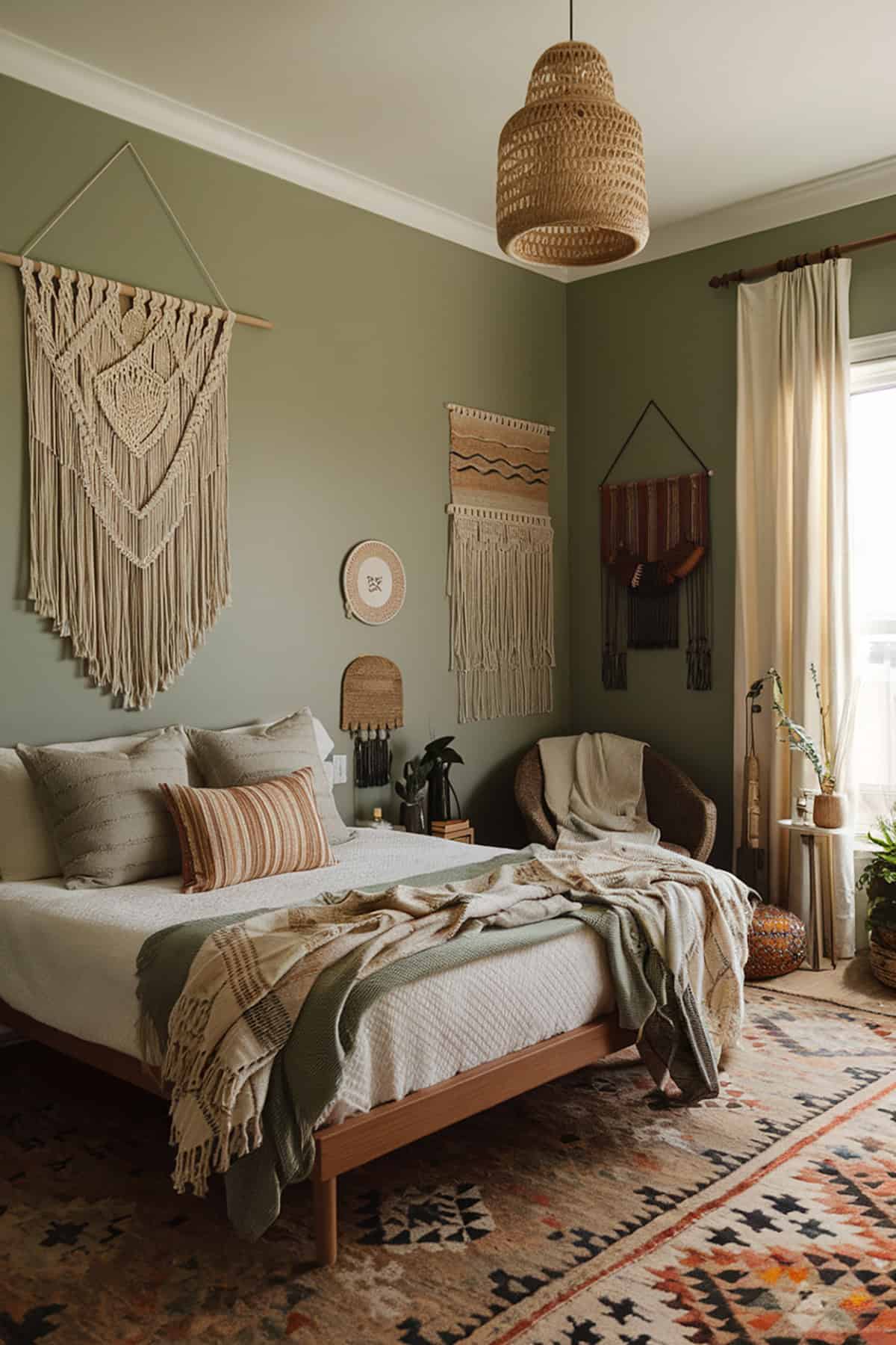 Green Boho Bedroom with Macramé Accents