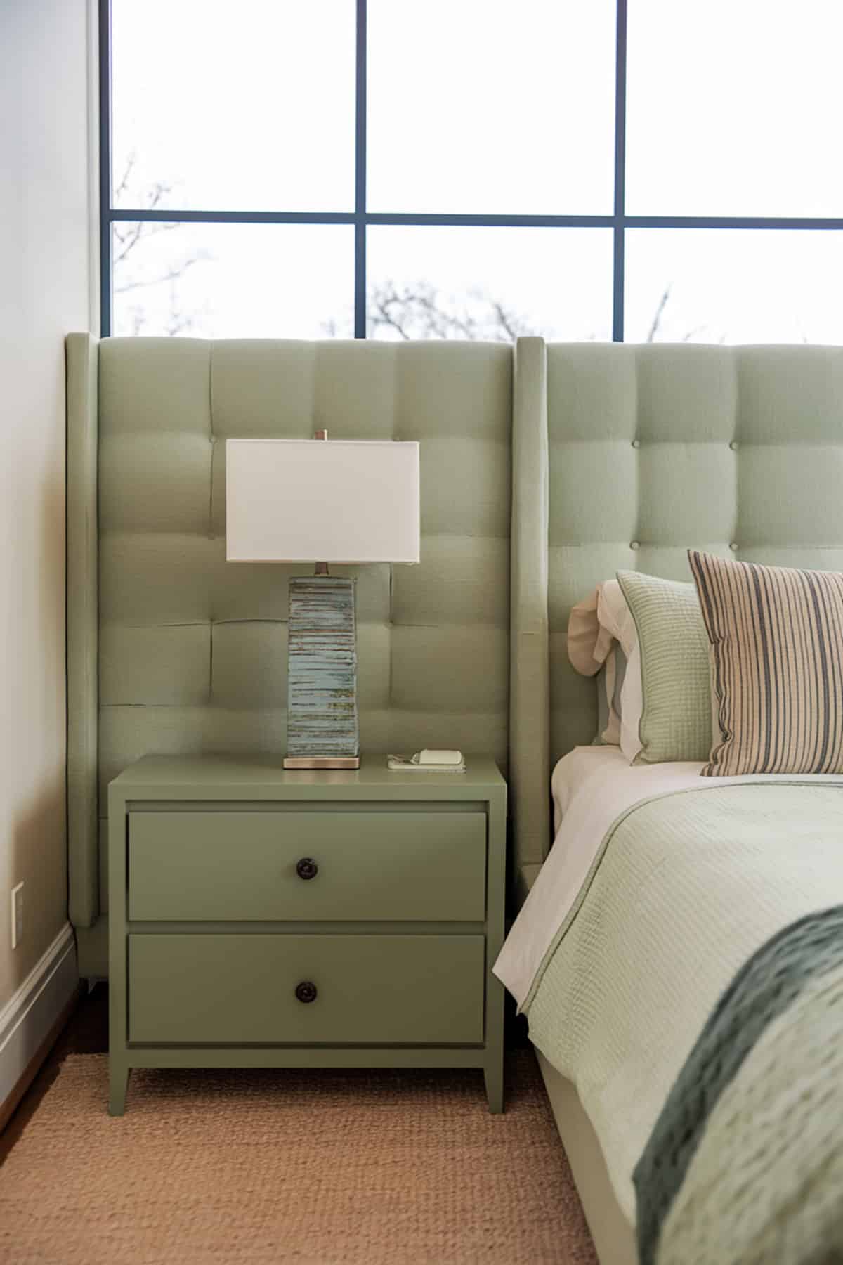 Green Headboard with Matching Nightstands