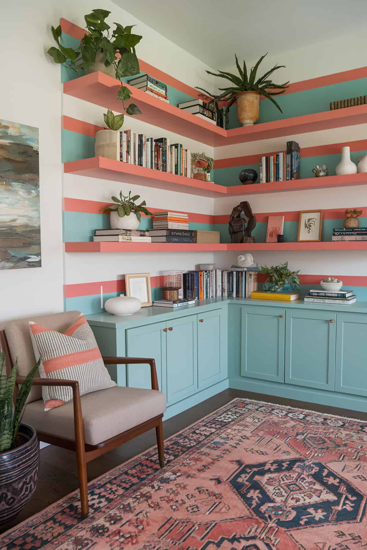 Horizontal Striped Shelves in Aqua and Coral