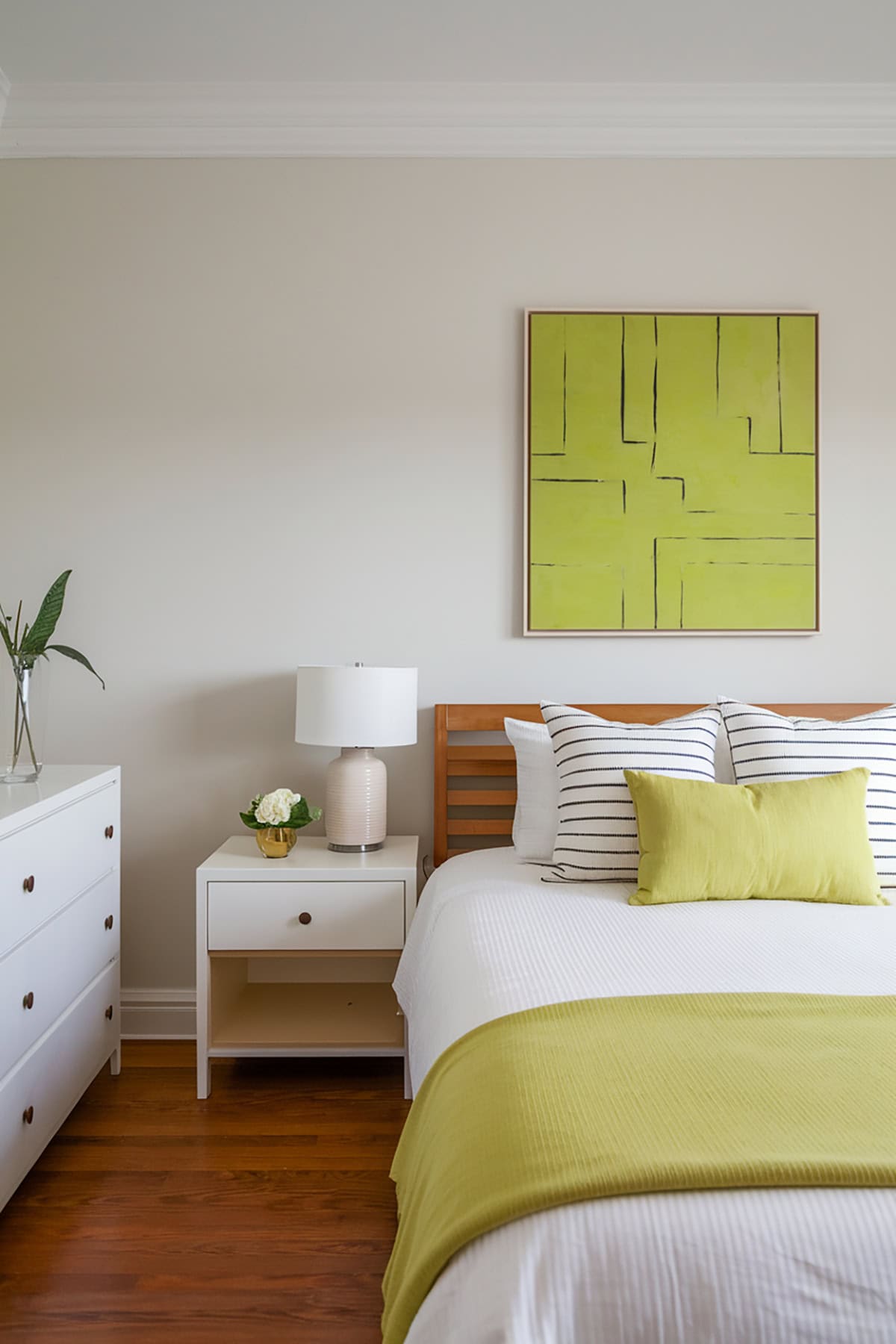 Lime Green Accents in a White Bedroom