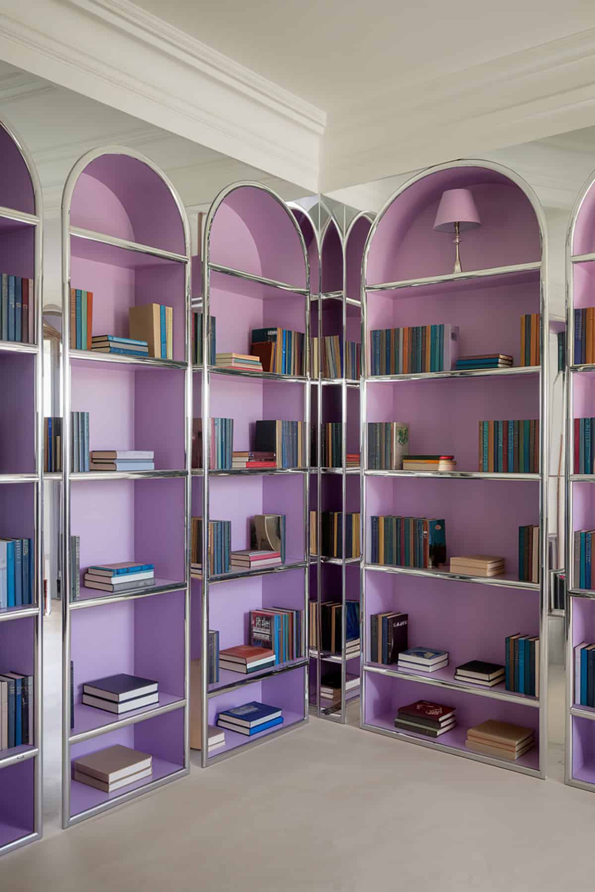 Metallic Silver Bookshelves with Lavender Accents