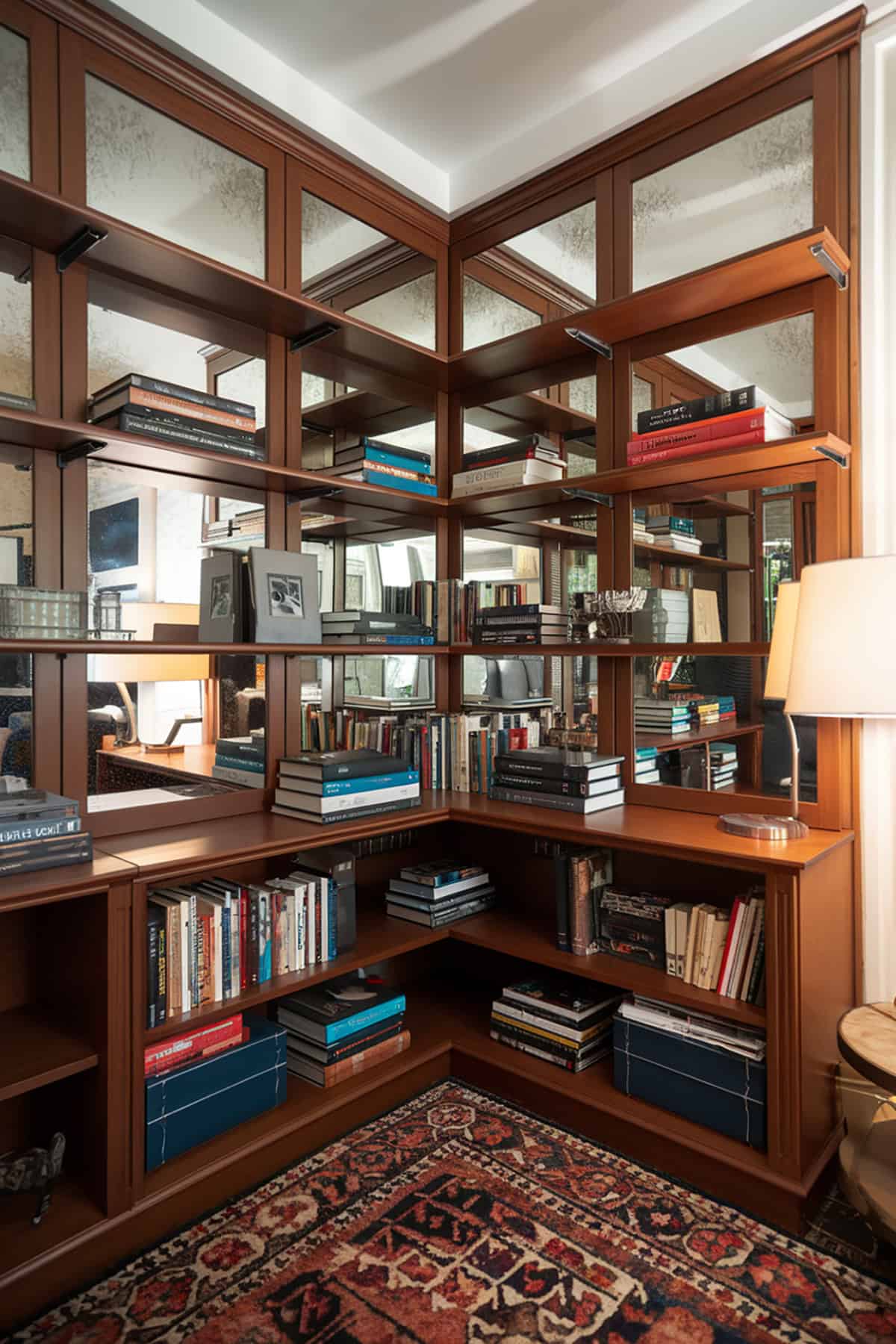 Mirrored Corner Bookshelves