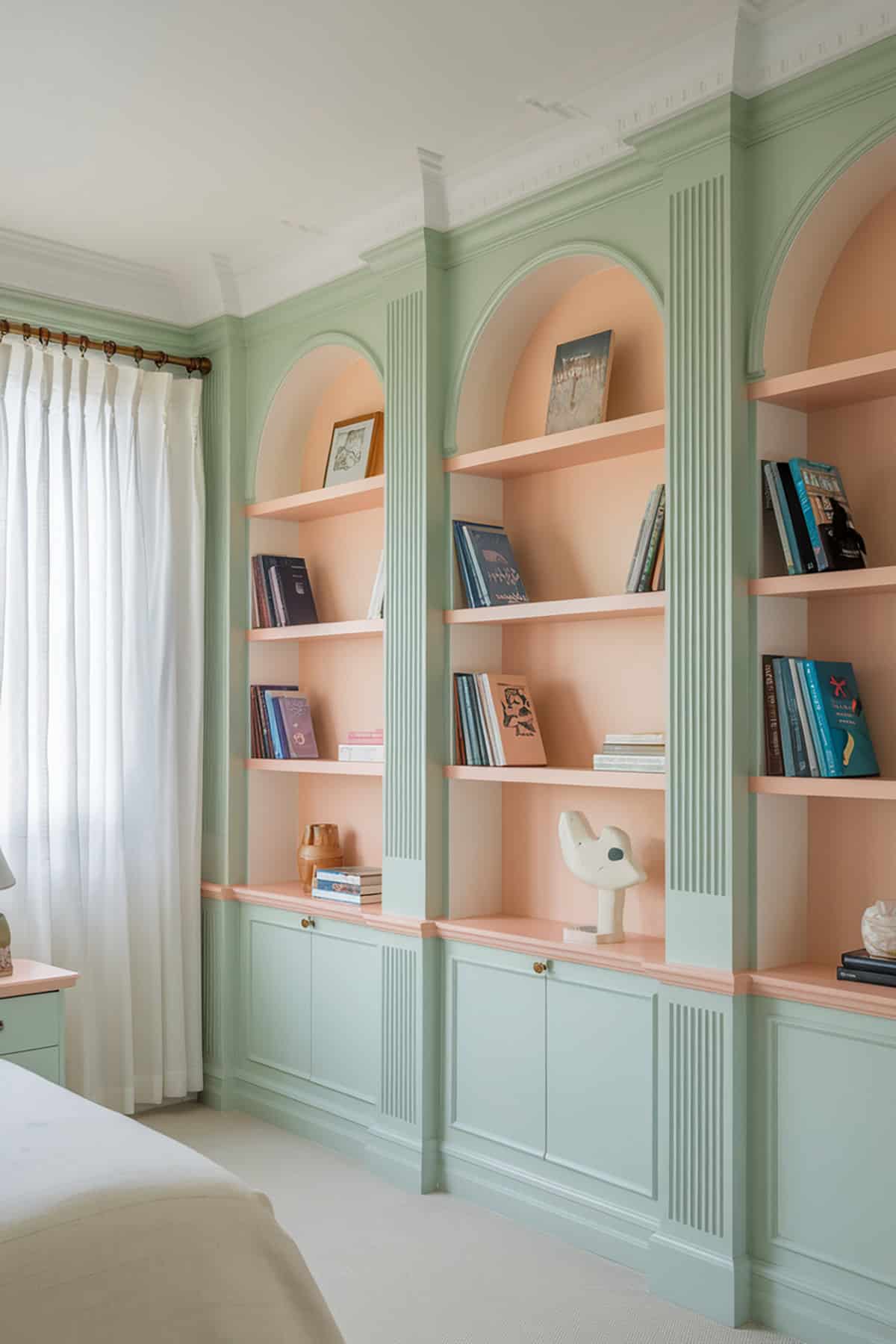 Pastel Bookshelves in Mint Green and Peach