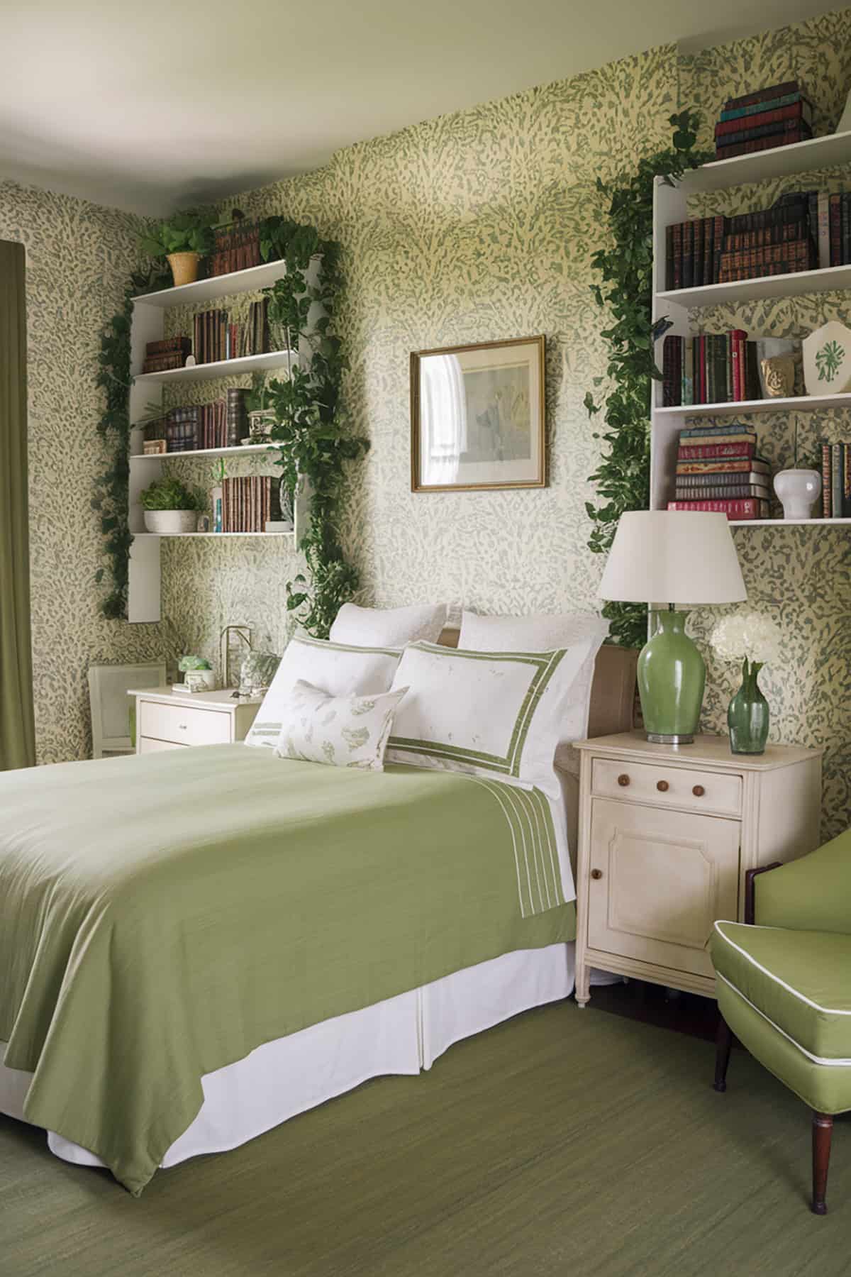 Vintage Green Bedroom with Floral Wallpaper