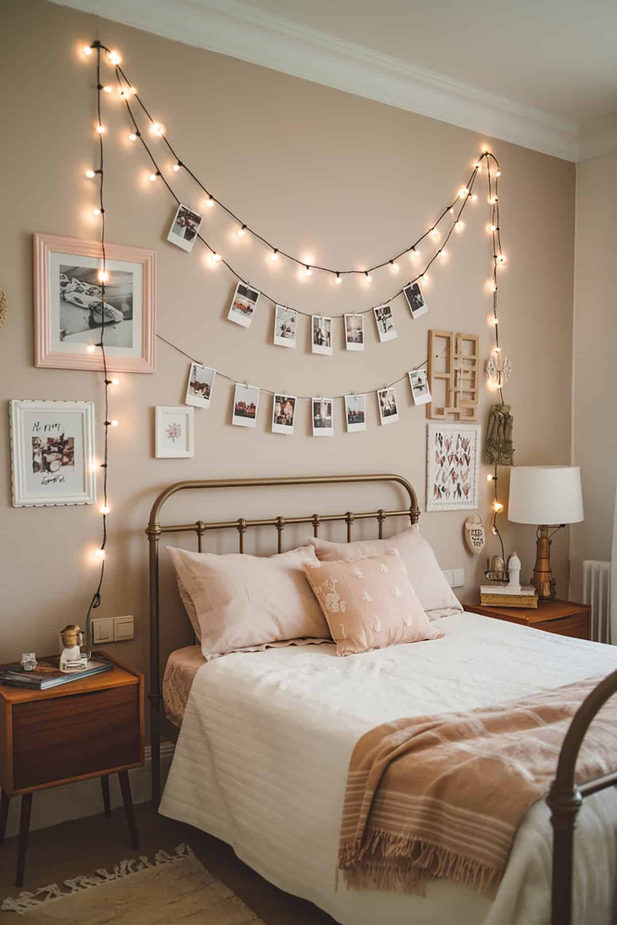 Cozy Bedroom Photo Wall with Fairy Lights