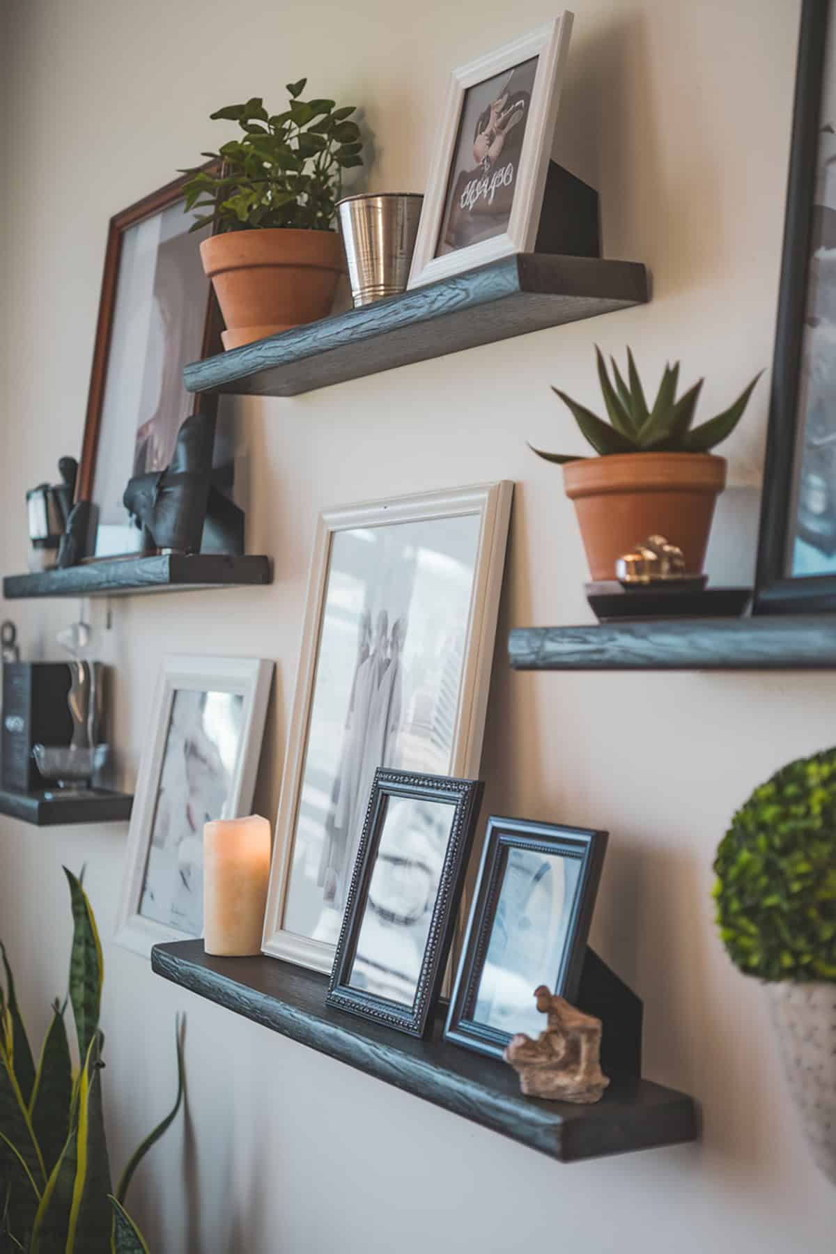 Floating Shelf Photo Wall with Leaning Frames