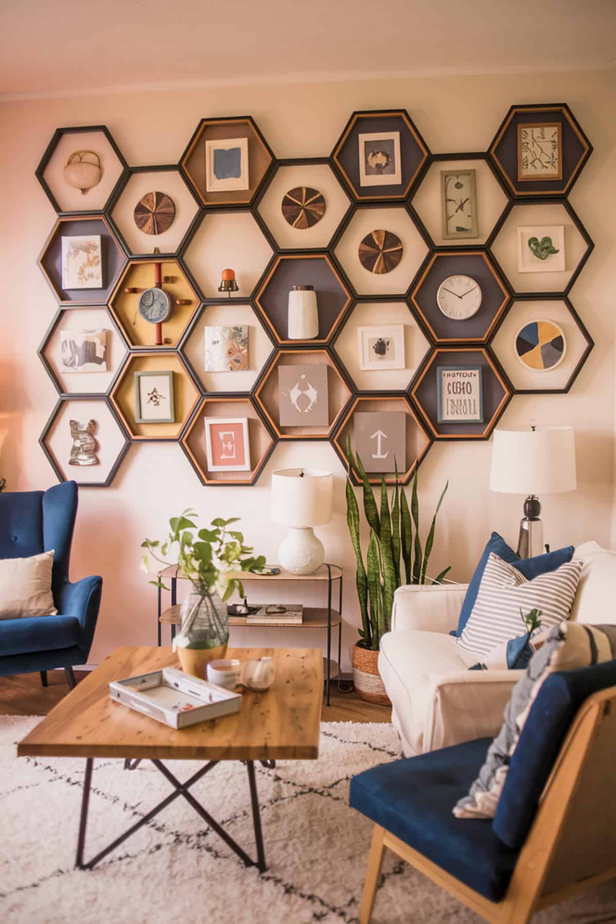 Geometric Photo Wall with Hexagonal Frames